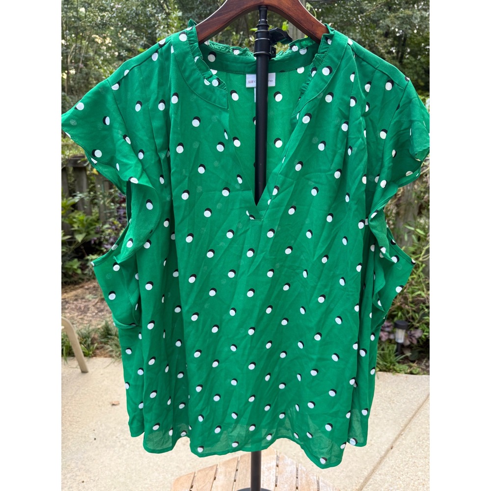 Liz Claiborne 3X Green Polka Dot Blouse Split Neck Ruffle Plus Size Tunic